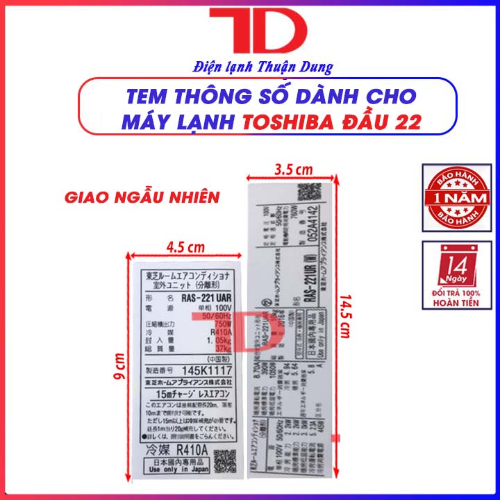 Tem thông số dành cho máy lạnh TOSHIBA nội địa 221UAR