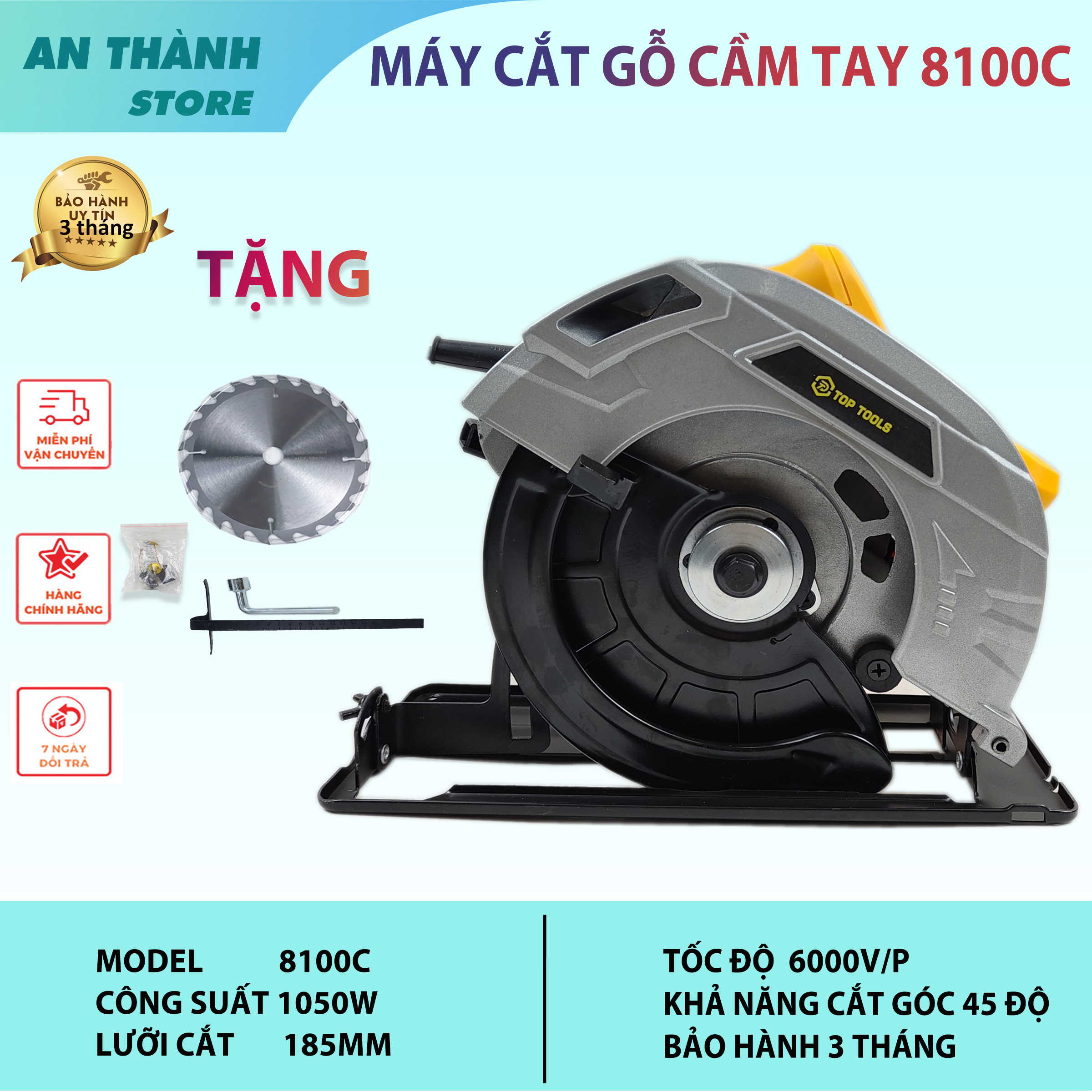 Máy cưa gỗ cầm tay 8100b với 1050w chính hãng ggg, máy cắt gỗ mini đĩa 185mm tặng kèm 1 lưỡi