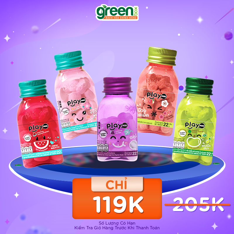 Combo 5 vị, Hũ kẹo ngậm the không đường chua ngọt Thái lan vị dưa hấu Playmore 22g, kẹo the thơm miệng