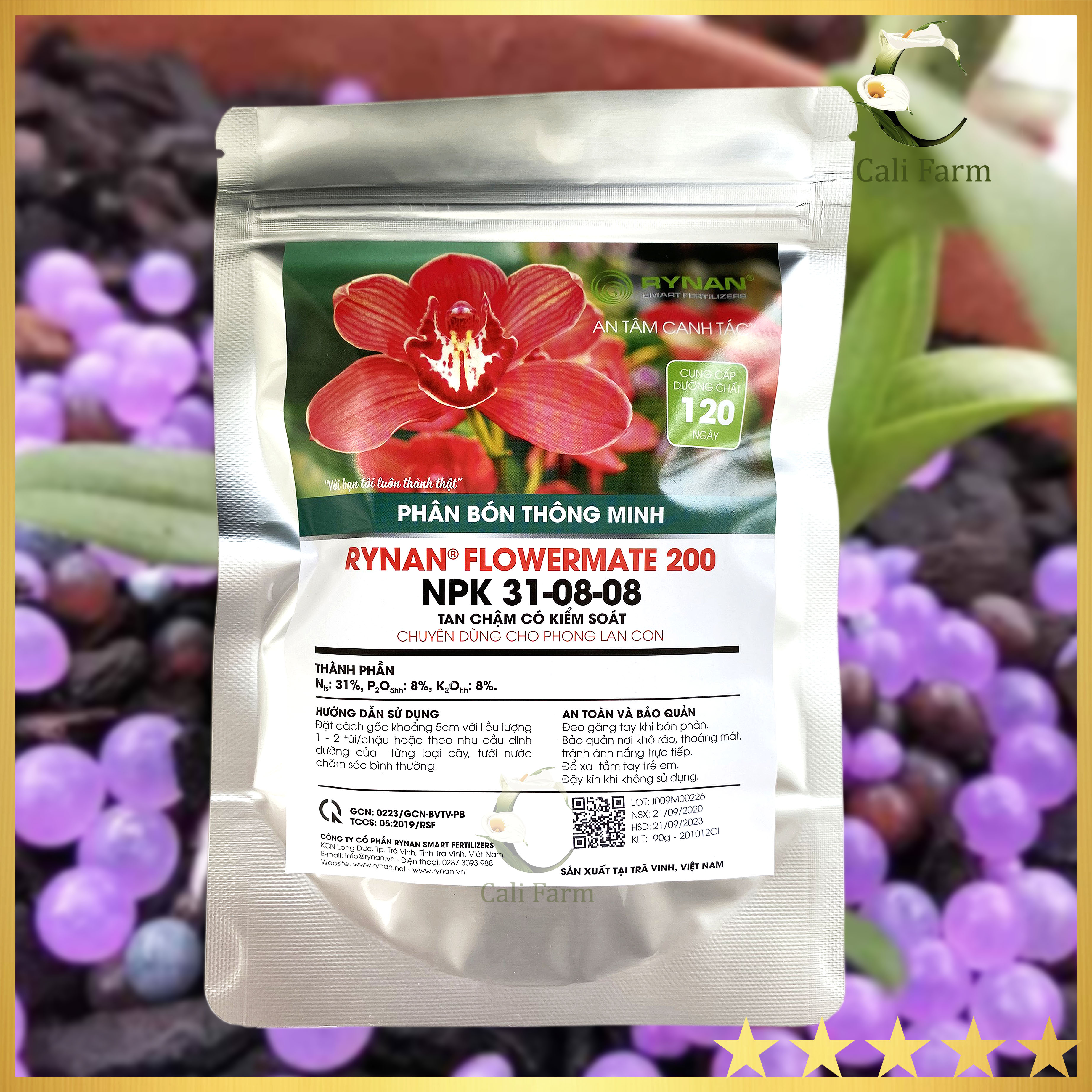 Phân tan chậm rynan 200 npk 31-08-08 dạng túi lưới dùng phong lan con