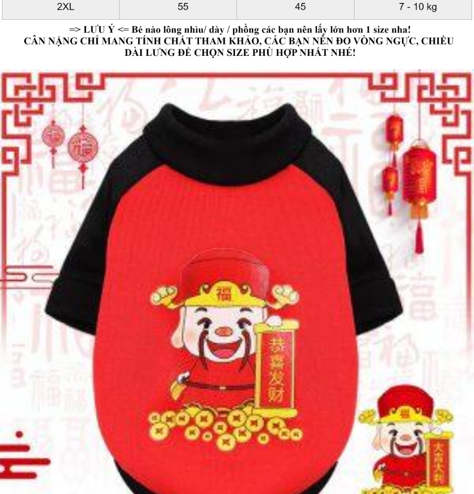 Áo tết cho chó mèo hình thần tài, áo thú cưng tết hình thần tài màu đỏ mềm mại thoải mái chất thun dầy