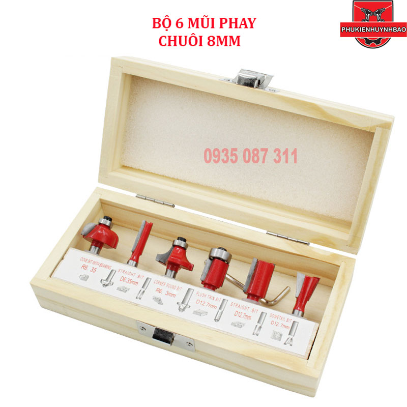 Bộ 6 mũi phay gỗ cốt 8mm