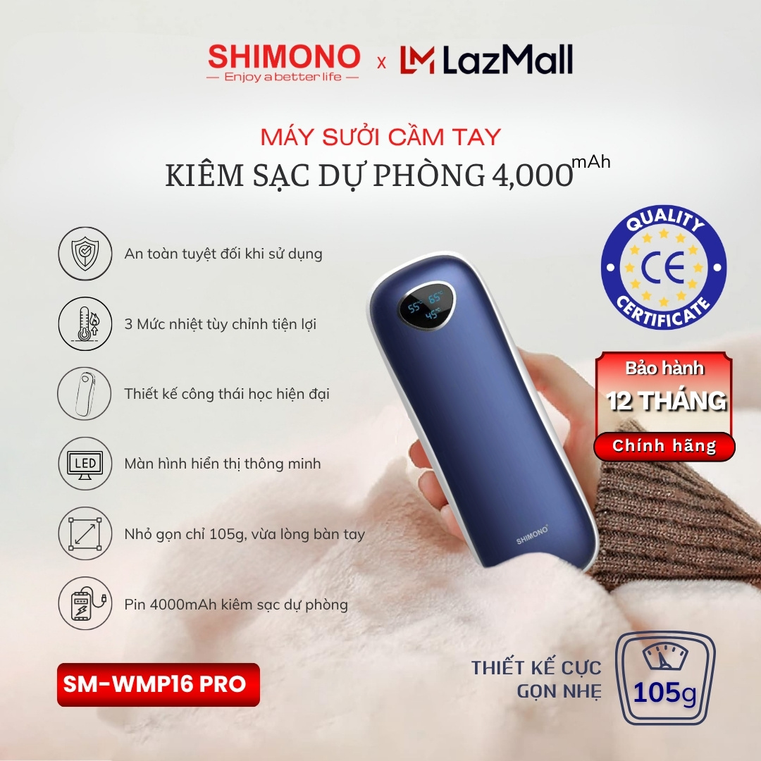 SHIMONO Máy Sưởi Cầm Tay Mini SM-WMP16 Pro kiêm Sạc Dự Phòng, Pin 4000mAh 3 Chế Độ, BH 12 tháng
