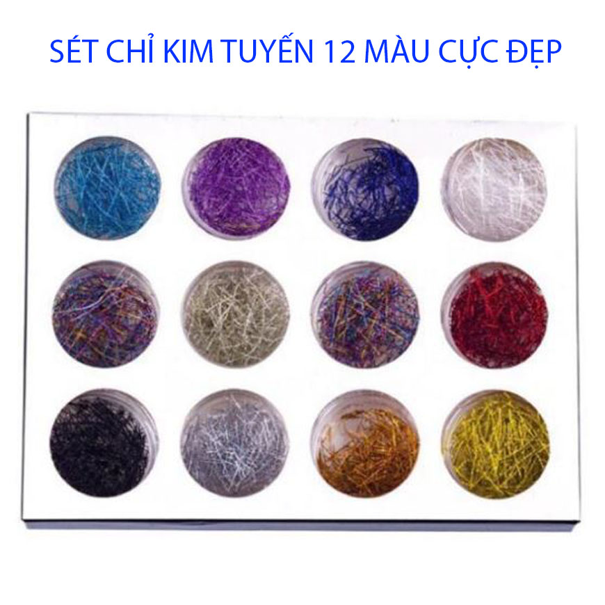 Sét chỉ kim tuyến, sét nhũ sợi 12 màu - Nhũ kim tuyến sợi set 12 màu trang trí móng hộp to, Set chỉ ẩn kim tuyến NAIL