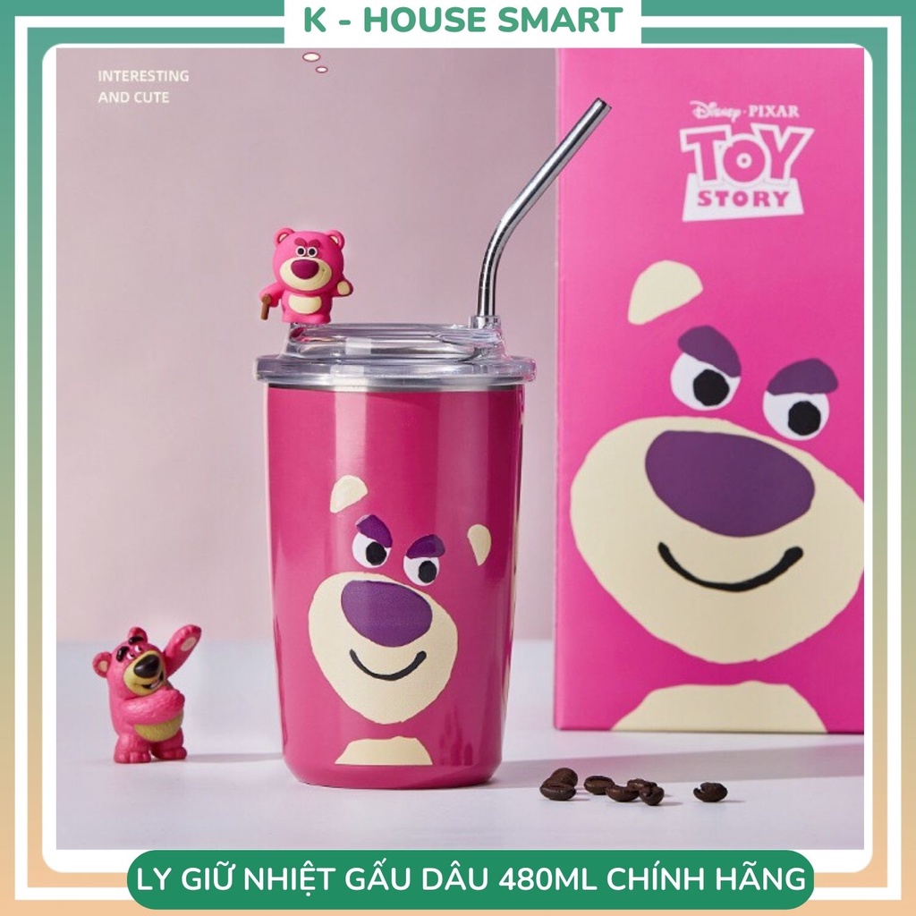 Bình nước giữ nhiệt gấu dâu Losto, ly giữ nhiệt gấu dâu cao cấp 480ml giữ nóng lạnh K-house Smart