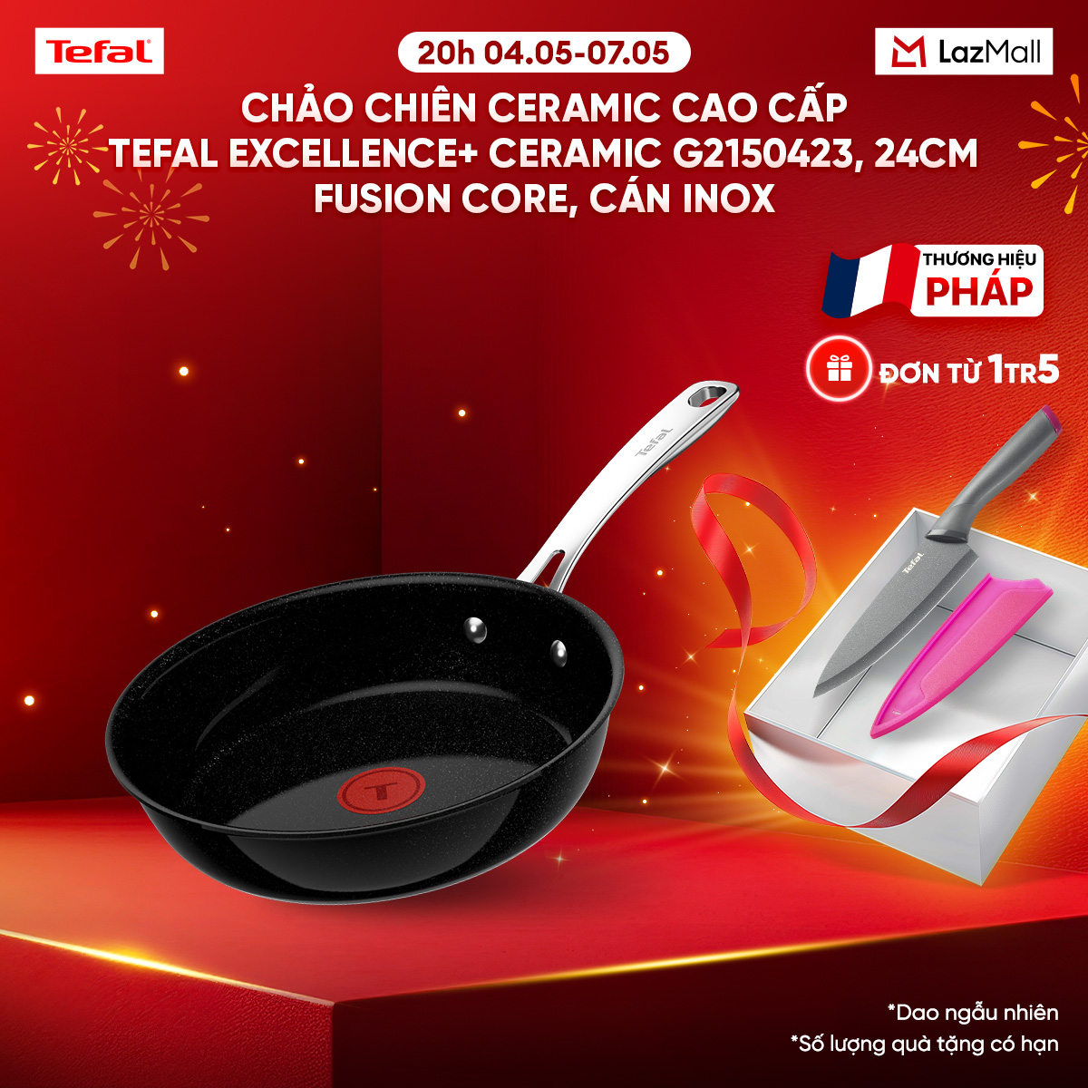 Chảo chiên ceramic cao cấp Tefal EXCELLENCE+ CERAMIC G2150423, 24cm, Fusion Core, cán inox