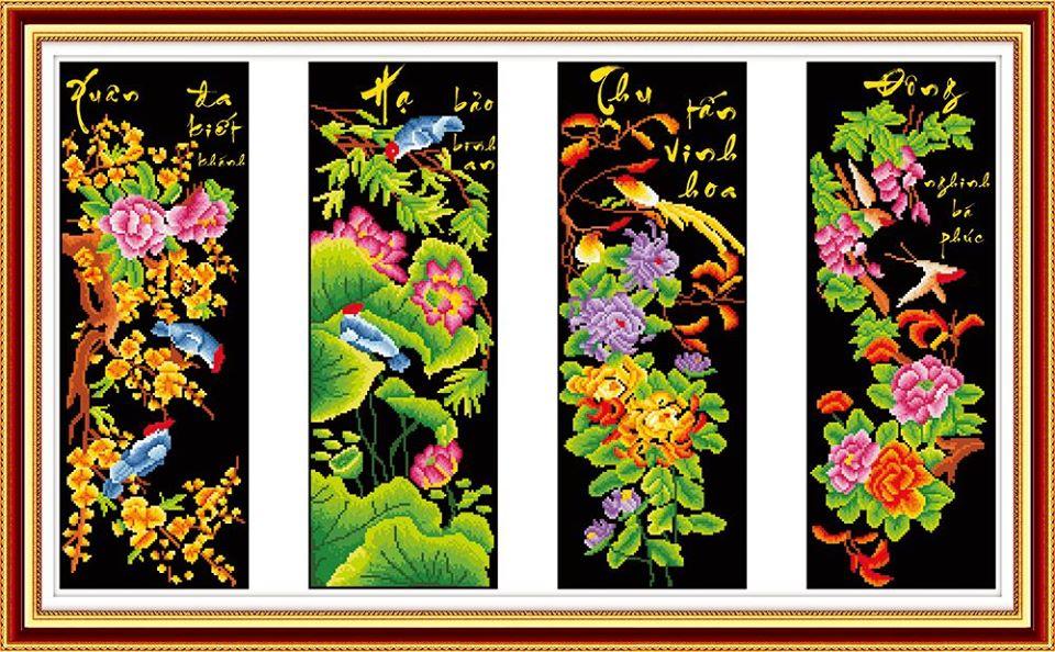 Tranh đính đá Tứ Quý Bốn Mùa cao cấp -KT: 126x75Cm