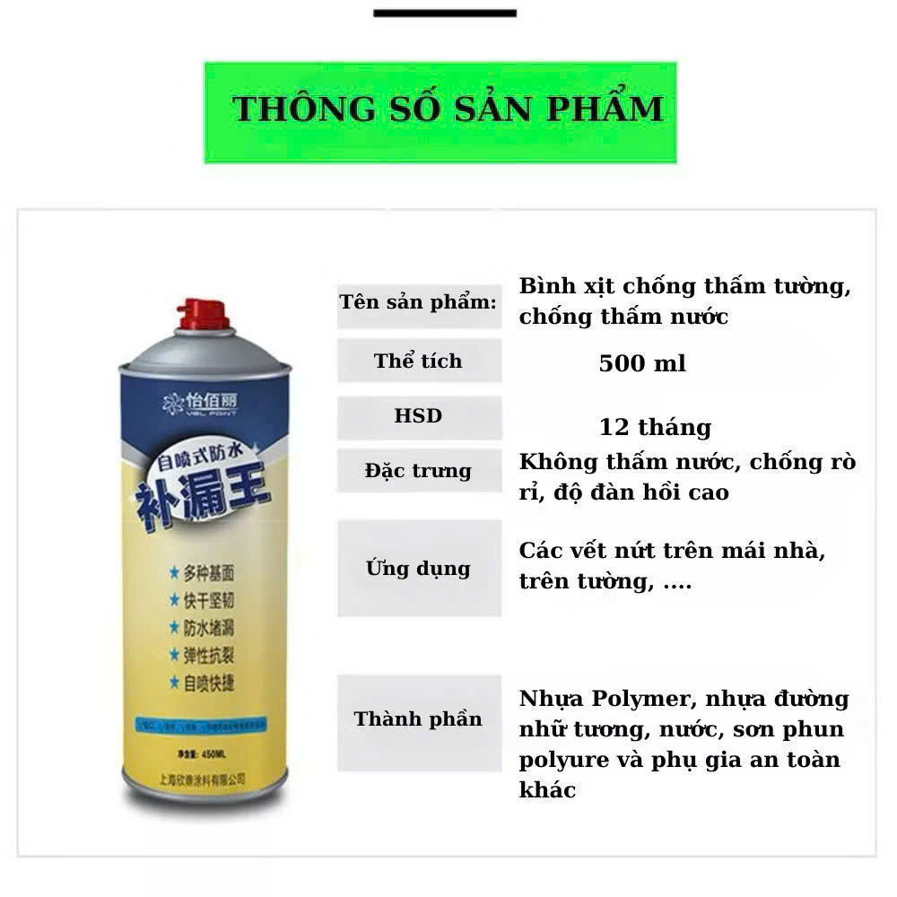 (COMBO 2 CHAI) Chai Xịt Chống Thấm Chống Dột Sàn Tường Khe Nứt, Mau Khô Bám Cứng, Màng Chống Thấm Bền Bỉ WaterProof Spray Paint Winshine/ DE WEI [700ml]