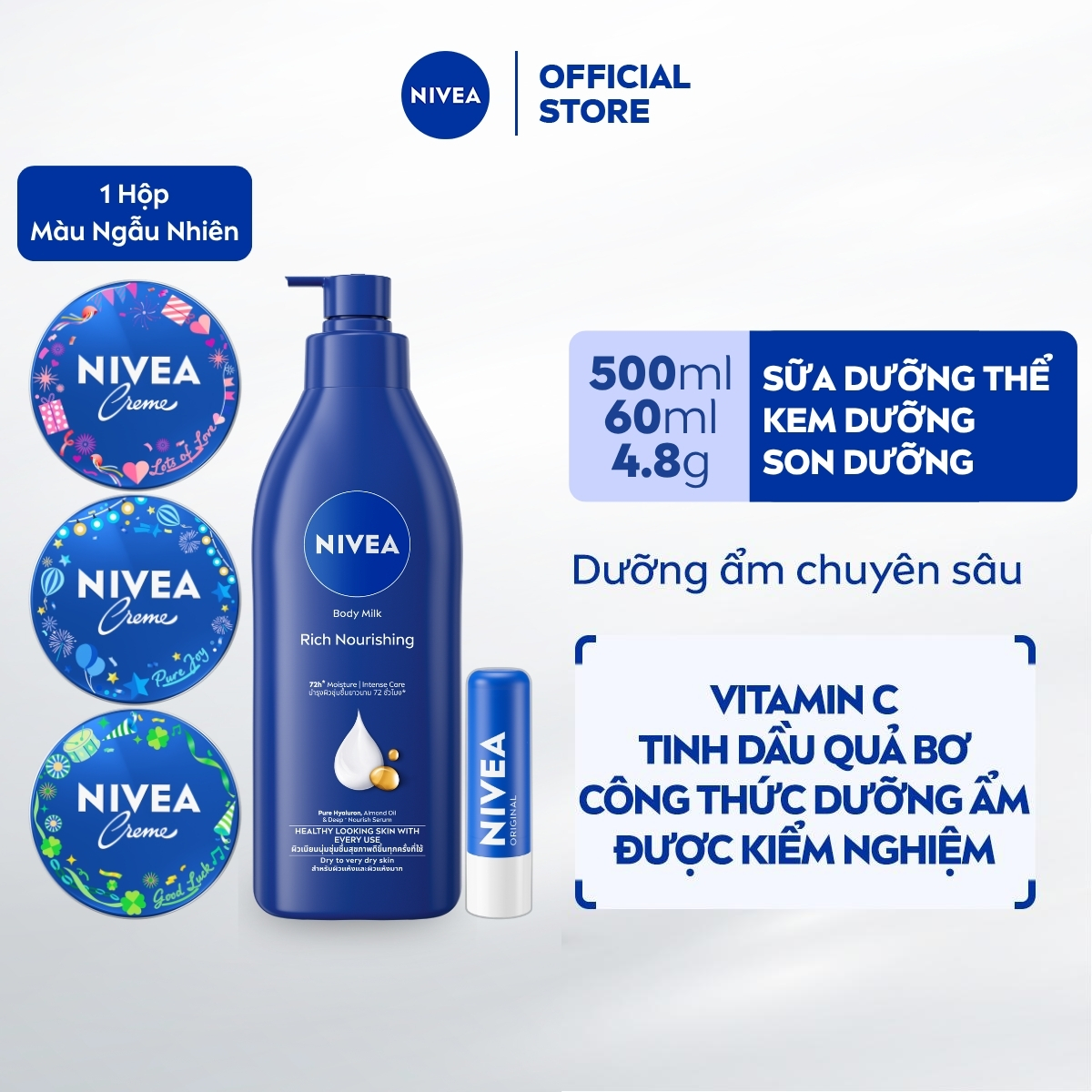Sữa Dưỡng Thể NIVEA Dưỡng Ẩm Chuyên Sâu | Vitamin E (500 ml) - 80212 + Kem Dưỡng Mềm Da NIVEA Soft (50 ml/200 ml) - 89050/89054 + Son dưỡng ẩm chuyên sâu Nivea Original Care (4.8g) - 85061