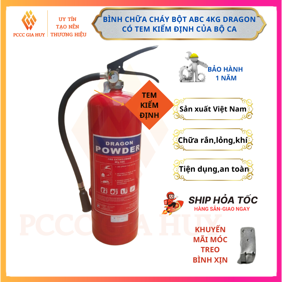 Bình Chữa Cháy, bình cứu hoả có tem kiểm định bột ABC 4kg, chính hãng DRAGON