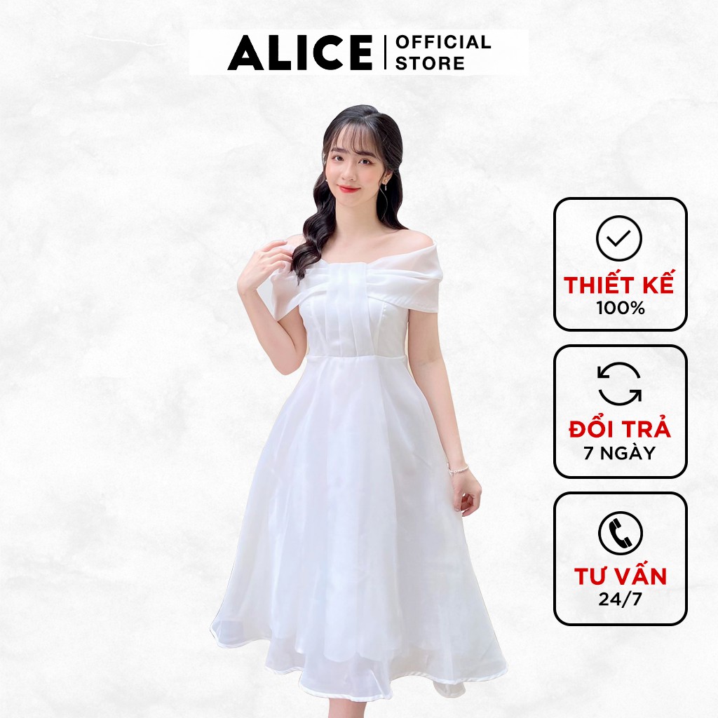 Đầm Trắng Thiết Kế Đẹp ALICE Dáng Xòe Cổ Chữ V Thắt Nơ Tay Bồng ...