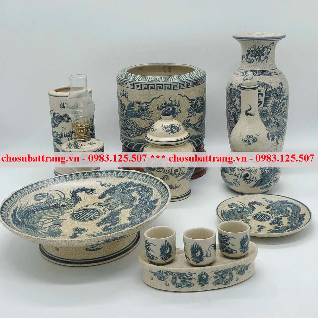 Bộ đồ thờ thần tài/ thổ công men rạn trơn - Bộ đồ thờ cúng