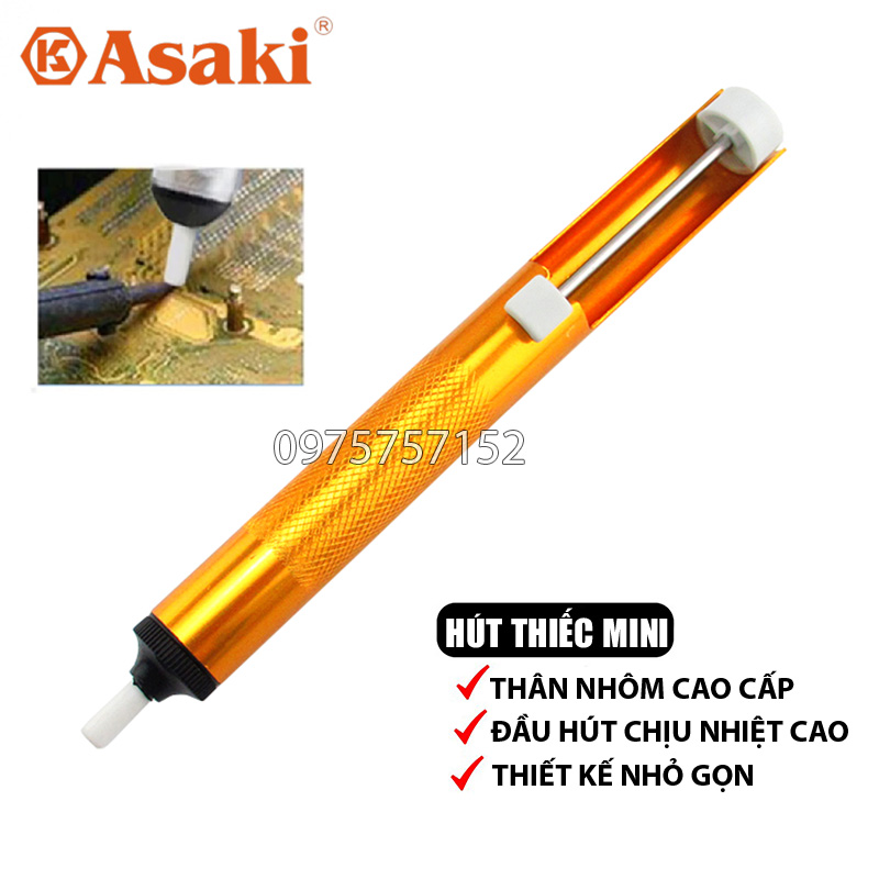 Ống hút thiếc, hút chì mini Asaki 190mm, lực hút thiếc mạnh, thân ống nhôm cao cấp, thiết kế tối ưu nhỏ gọn, bền bỉ, thao tác một tay dễ dàng, dụng cụ hút thiếc hàn, mỏ hàn thiếc, mỏ hàn chì, thiếc hàn, chì hàn, đầu hút thiếc
