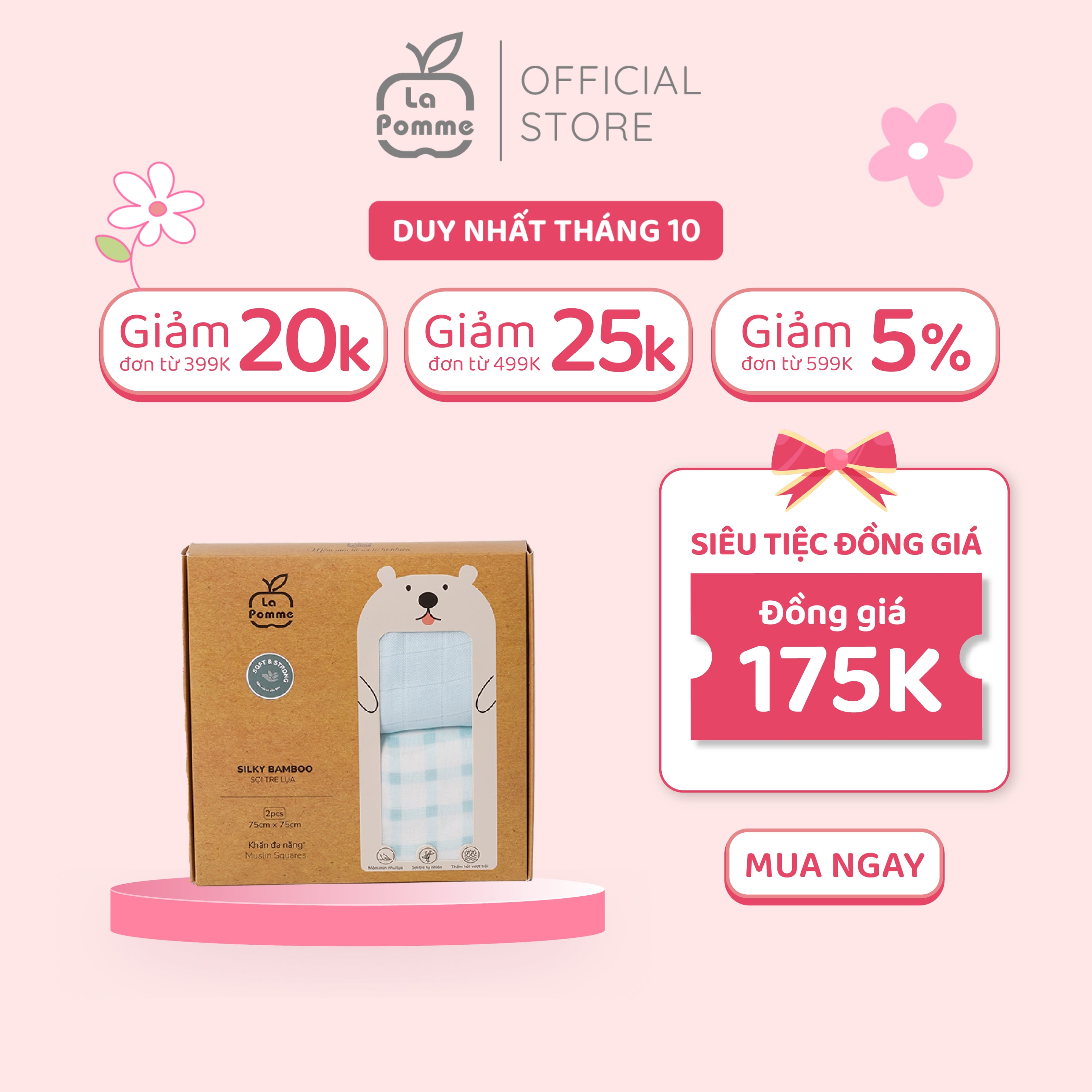 K002 Set 2 Khăn sữa sợi tre lụa La Pomme phối màu (75x75cm) - Nắng mùa xuân