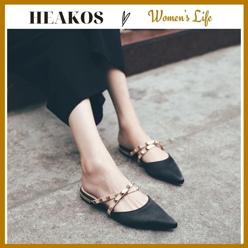 [HCM]Giày búp bê nữ mũi nhọn 3 phân đính đá HEAKOS Giày búp bê đế bằng cao cấp hàng VNXK bền đẹp