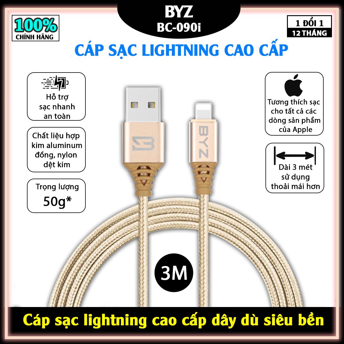 Cáp sạc lightning cao cấp dây dù dài 3m chống rối siêu bền, hai đầu bọc kim loại không suy hao tín hiệu, truyền dữ liệu tốt, dòng 2.1a sạc nhanh, ổn định, cable dùng cho điện thoại iphone và các thiết bị của apple bao gồm cả máy tính bảng.