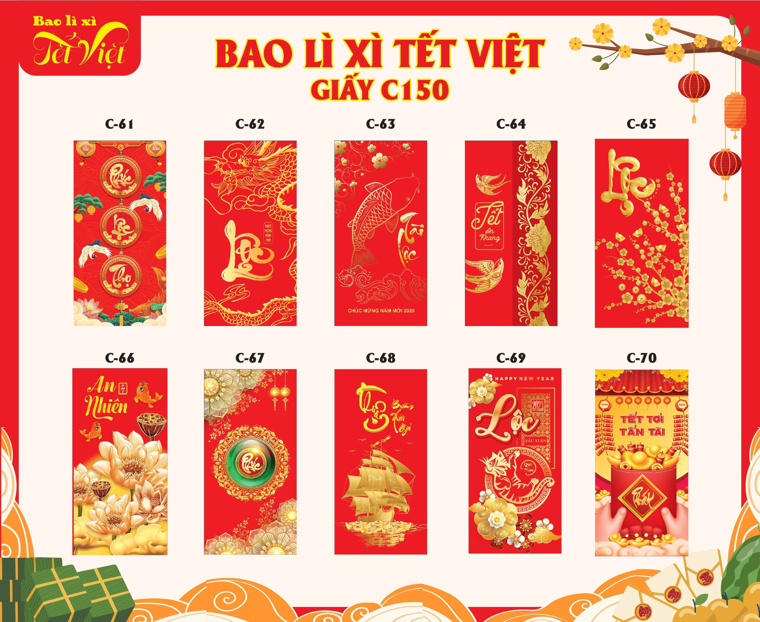 1 xấp 10 cái bao lì xì tết quý mão- bao lì xì tết 2023 tết đoàn viên