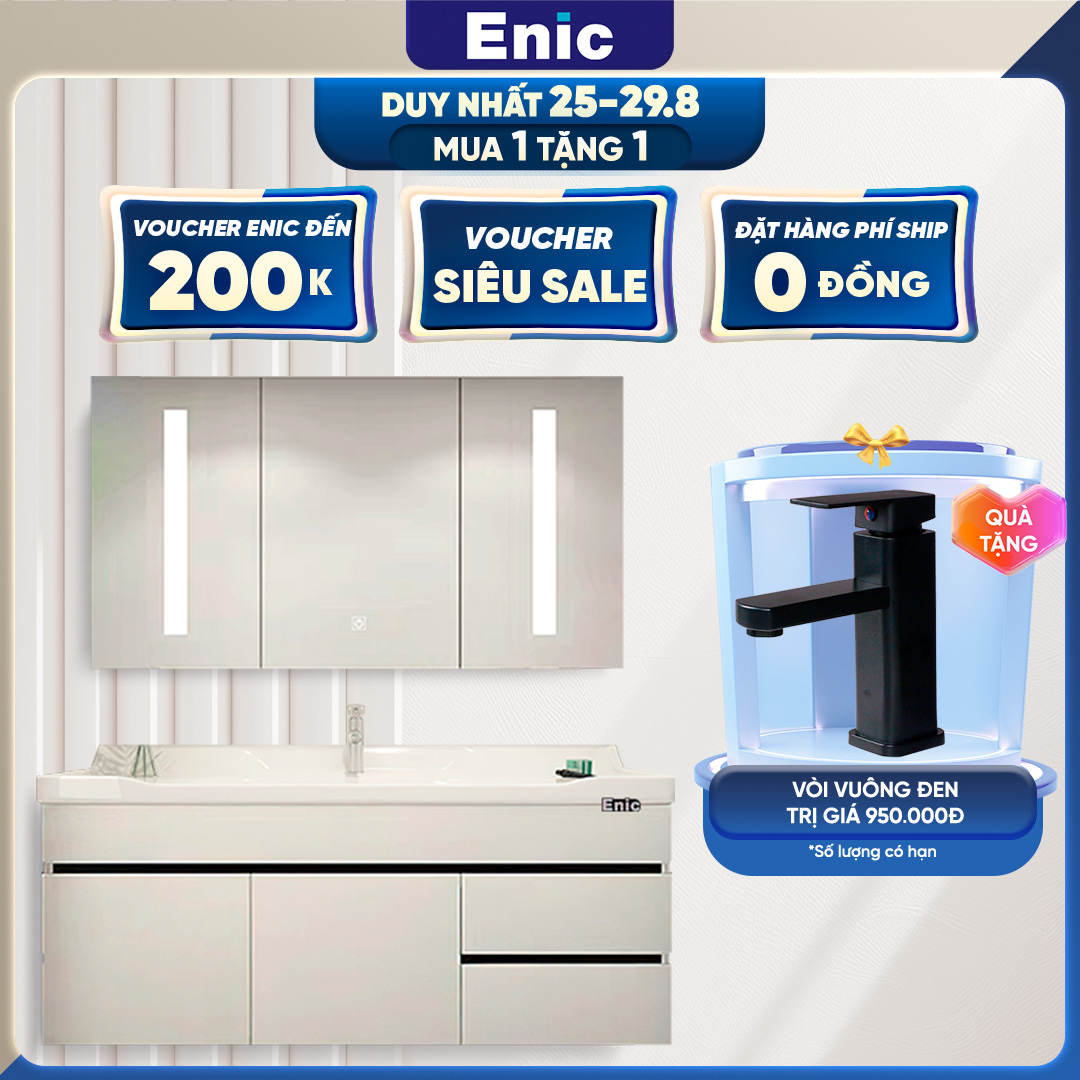 Bộ tủ lavabo phòng tắm Enic ST01 thiết kế sang trọng, Bộ tủ gương chất liệu Polywood chống thấm nước, Bộ tủ gỗ nhà tắm tủ kính