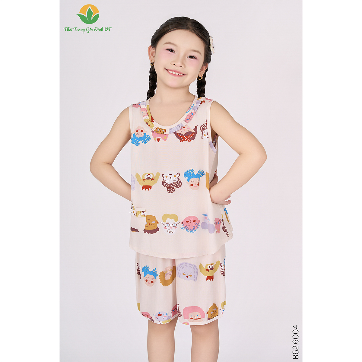 Bộ lanh tole mùa hè mặc nhà cho bé gái, quần đùi, áo sát nách họa tiết thời trang Việt Thắng - B62.6004