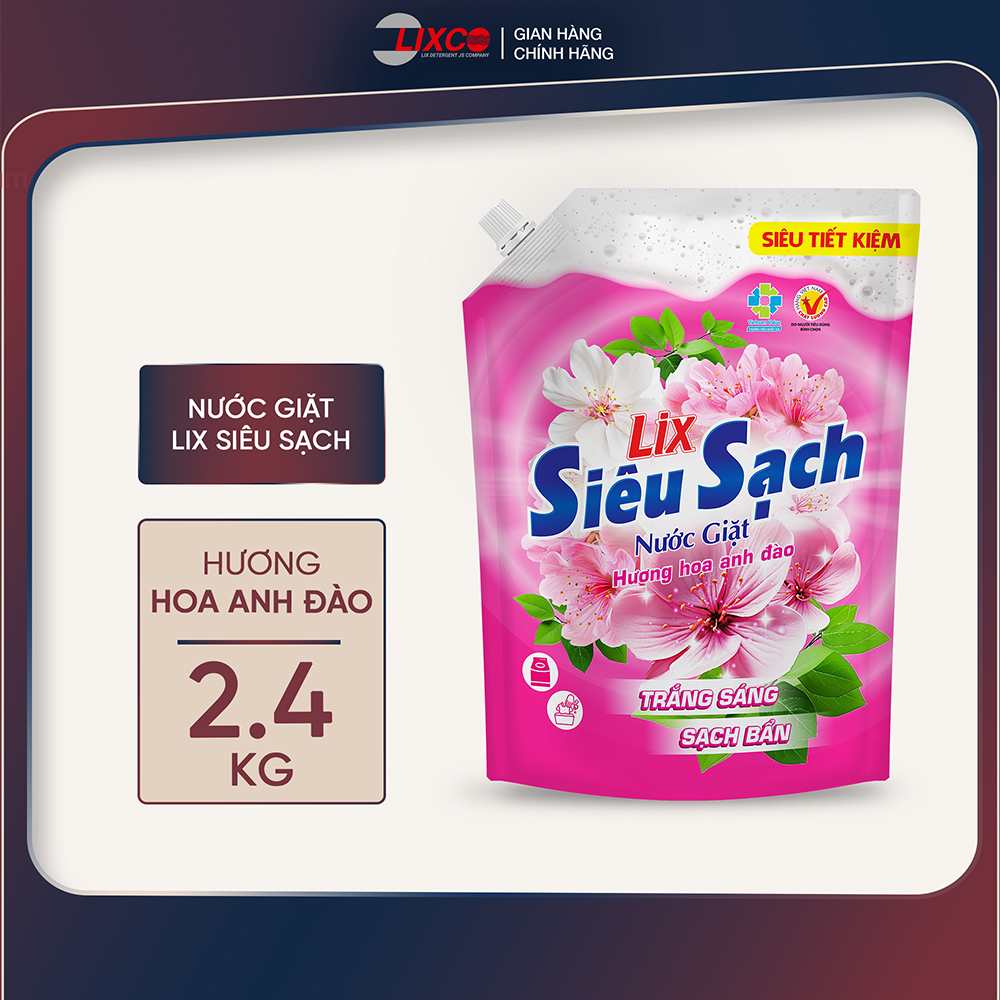 Túi nước giặt Lix siêu sạch hương hoa anh đào 2.4Kg N2503 sạch khử khuẩn kết hợp giặt xả 2 trong 1 - Lixco Việt Nam