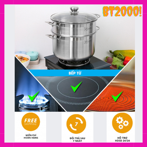 [GIAO NHANH 2H]Bộ nồi và xửng hấp inox 430 bếp từ 1 đáy HT COOK- FT COOK 28cm nắp kính dùng được bếp từ