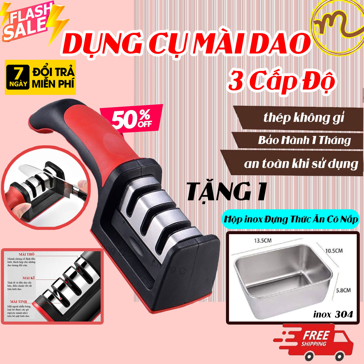 Dụng Cụ Mài Dao Đa Năng Cao Cấp, Tặng Hộp INOX 304 Ăn Có Nắp Đậy.Dụng Cụ Mài Dao 3 Rãnh Có Tay Cầm An Toàn Sử Dụng, Hộp Inox 304 Dùng Được Trong Tủ Lạnh.