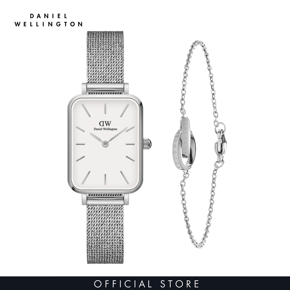 Đồng hồ nữ daniel wellington dây lưới - quadro pressed sterling 20x26mm dw00100438 + vòng tay daniel wellington màu bạc - elan dw00400169
