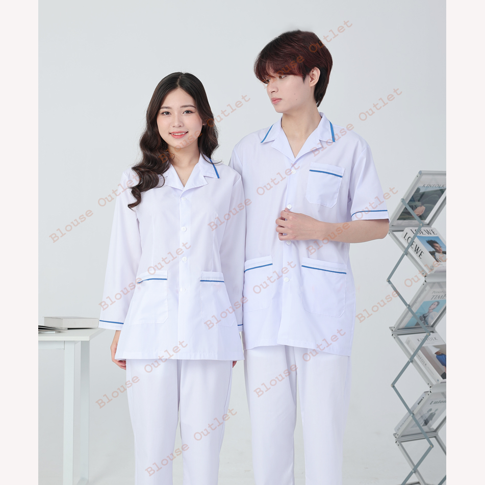 Áo blouse trắng dáng ngắn viền xanh dương nam nữ cộc tay, dài tay cho điều dưỡng, dược sĩ, spa, thẩm mỹ viện