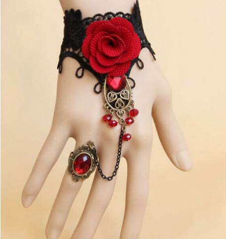 Vòng nhẫn lolita gothic - Vòng kiêm nhẫn Lolita đính đá đỏ