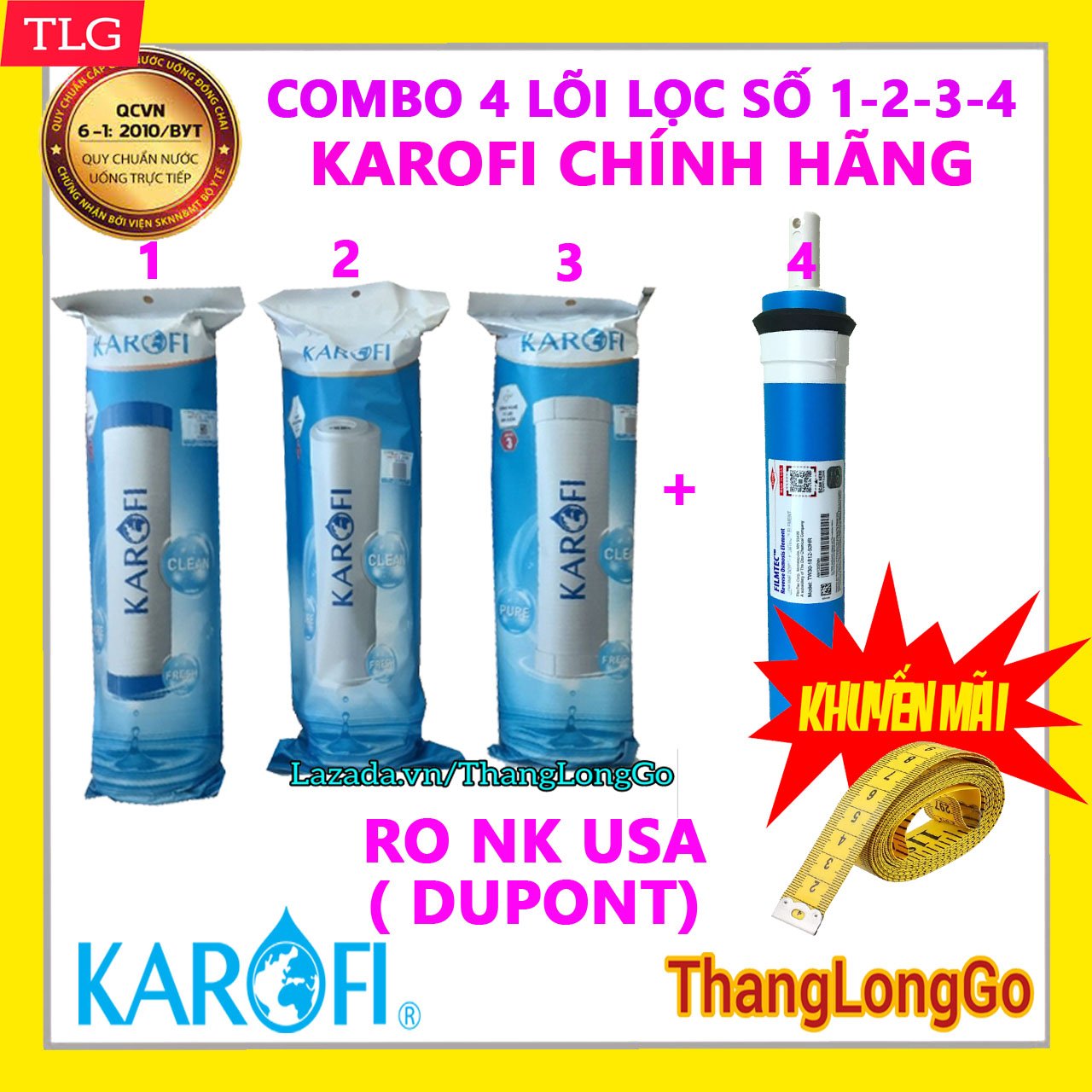 COMBO 4 LÕI LỌC NƯỚC KAROFI SỐ 1-2-3-4  GỒM 01 BỘ LÕI 1-2-3 01 MÀNG RO DOW USA