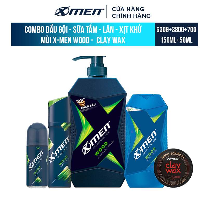 Bộ 5 Sản Phẩm XMen Wood: Dầu gội XMen Wood 650g + Sữa tắm XMen Wood 380g + Xịt khử mùi XMen Wood 150ml + Lăn khử mùi Xmen Wood 50ml + Sáp đất Sét Xmen Salon solution - Clay wax 70g