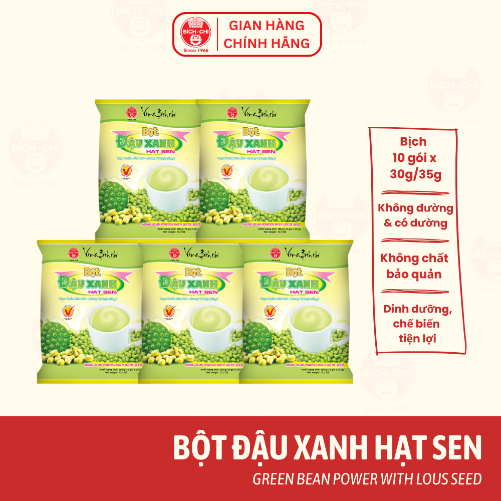 Combo 5 Bịch Bột Đậu Xanh Hạt Sen Bích Chi - Không Đường và Có Đường - Thơm Ngon, Dinh Dưỡng, Tiện Lợi - (Bịch 10 Gói Lẻ)