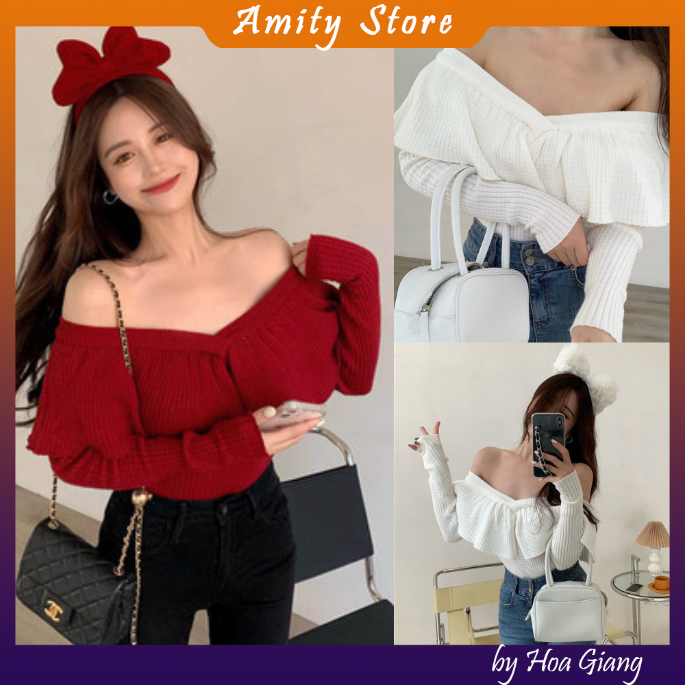 Áo len nữ trễ vai, áo trễ vai nữ dệt kim hàng quảng châu