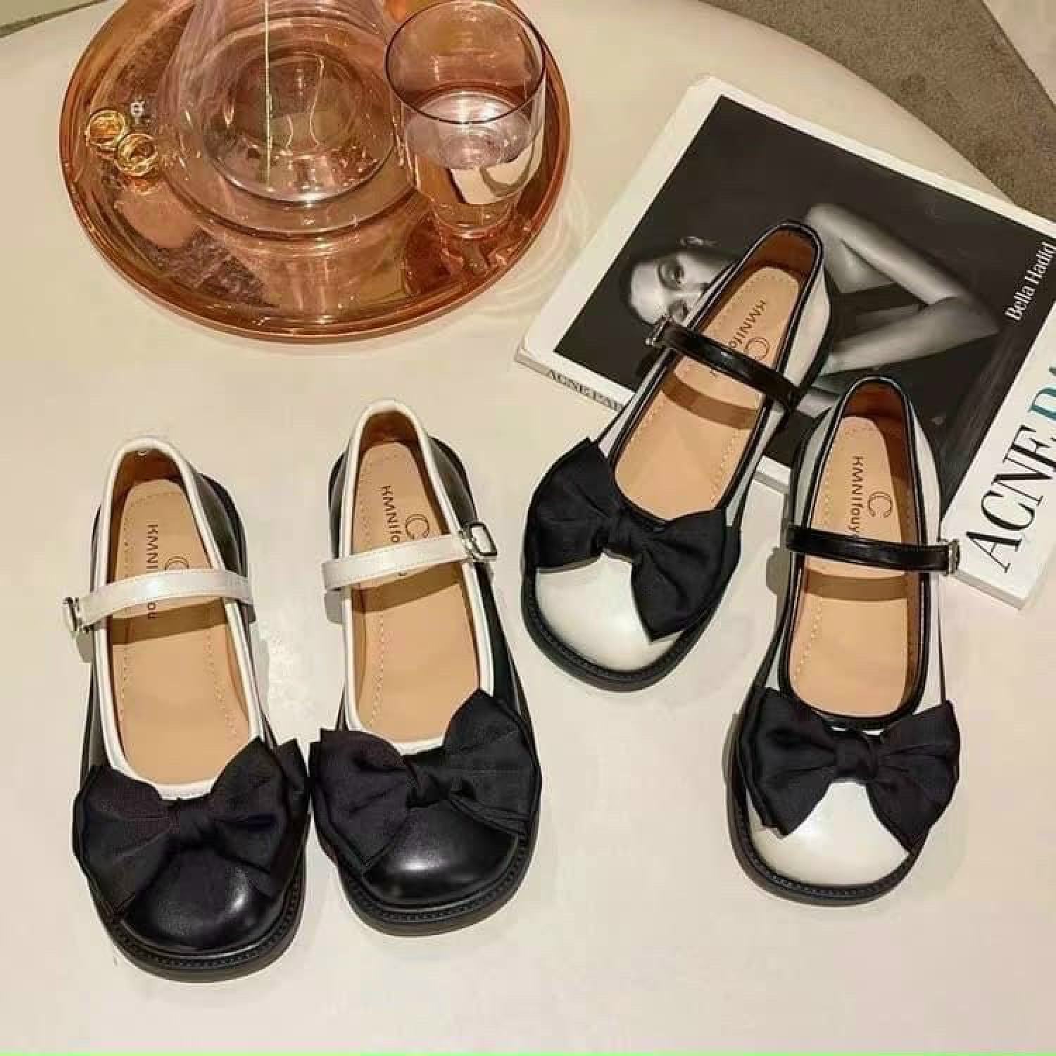 Giày búp bê đế bằng lolita, giày nơ da bóng vintage nữ tính