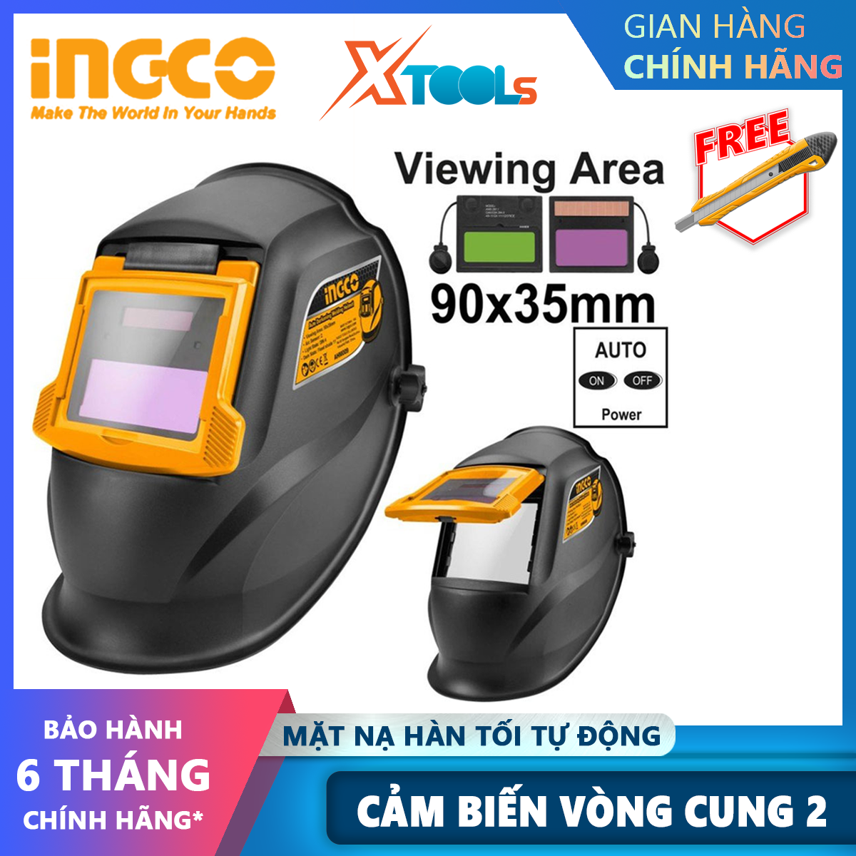 Mặt nạ hàn tự động ingco ahm009 mũ bảo hiểm hàn tự động vùng nhìn 92 x 35 mm kích thước hộp mực 110 x 90 x 10 mm