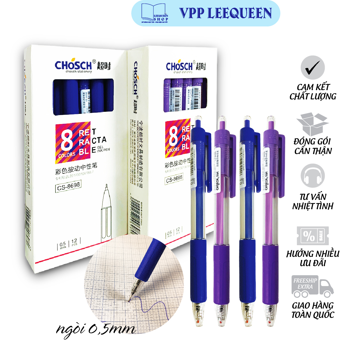 Hộp 12 cây viết gel nước bấm chosch 8698 ngòi 0.5mm mực xanh, tím