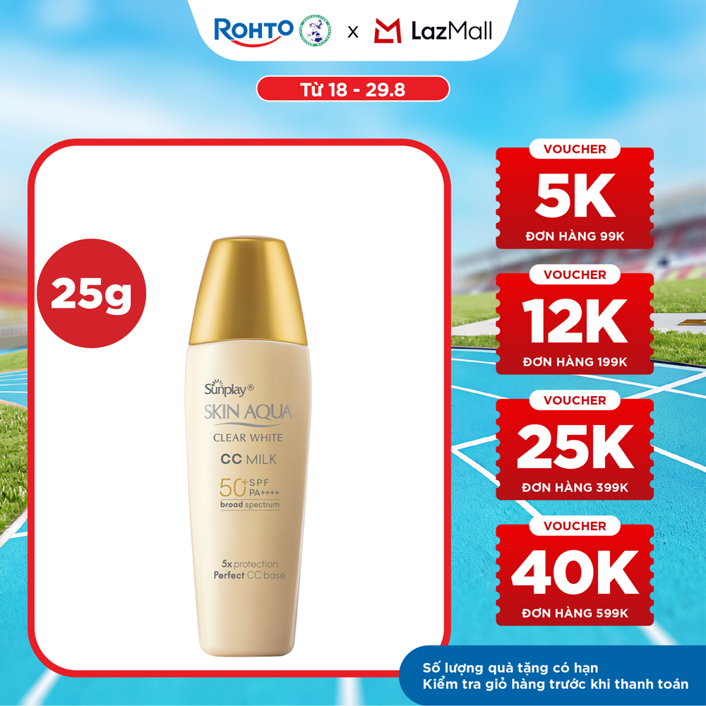 Kem chống nắng Skin Aqua trang điểm tạo nền trắng mịn  đều màu dạng sữa Sunplay Skin Clear White CC Milk SPF 50, PA++++ 25g