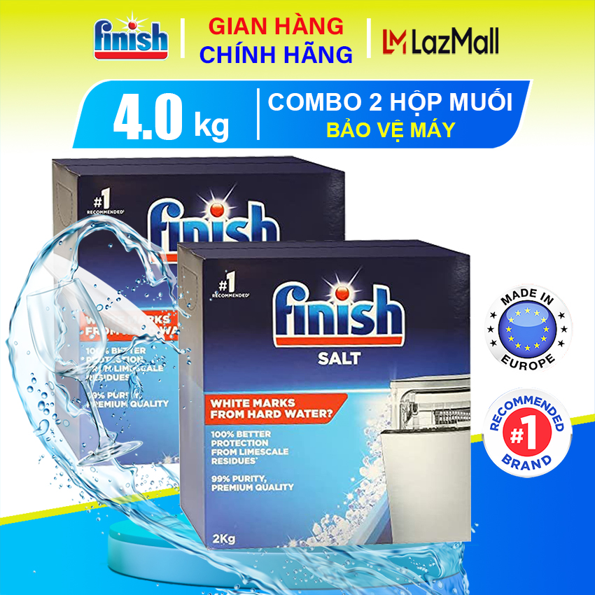 Combo 2 hộp muối rửa bát Finish 2kg chính hãng - 4kg muối rửa chén làm mềm nước bảo vệ máy chống đóng cặn trong máy rửa chén