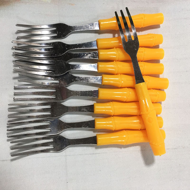 Combo 10 cây dĩa inox cán nhựa hình cây trúc dùng ăn hoa quả tiện dụng, bền đẹp