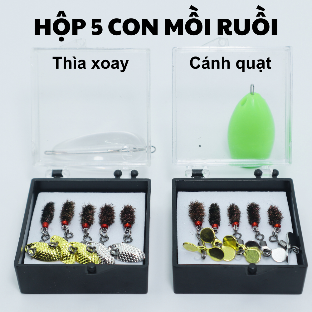 Hộp 5 con mồi ruồi giả câu lure cá mương, rô phi, mương mỏ nhọn, thiểu, ngão,...+ 2 hạt trợ lực