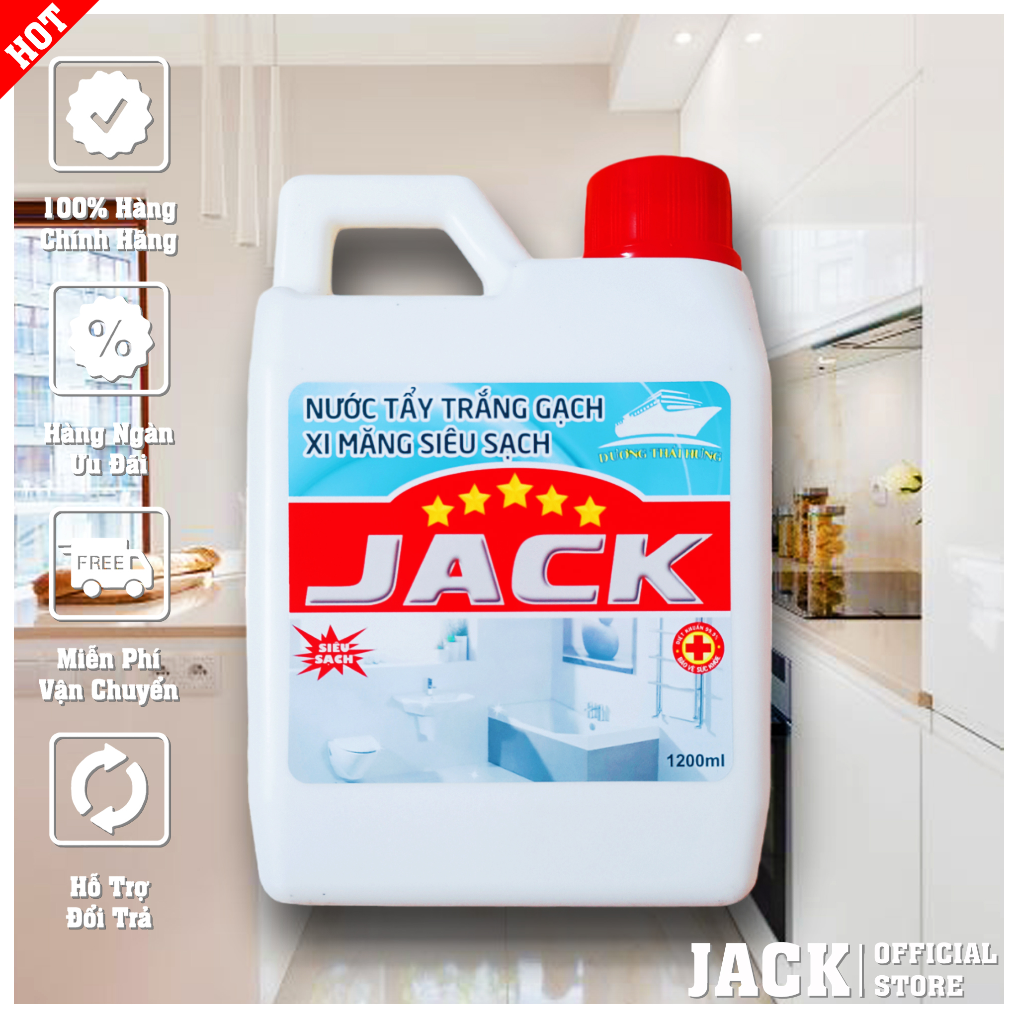 Tẩy Trắng Gạch, Tẩy Vết Ố Vàng, Ố Đen Bám Trên Hầu Hết Các Loại Nền Gạch Men Sứ, Bồn Cầu, Bồn Rửa Mặt, Lavabo Siêu Sạch Jack 1200ml