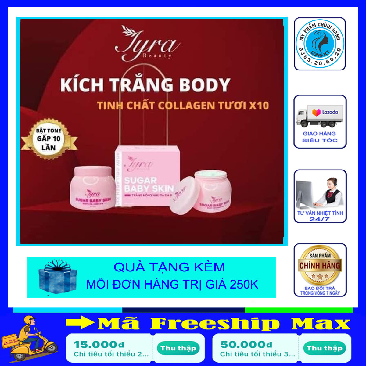 [Mỹ phẩm Thanh Trang] Body tinh thể nước Tyra Sugar Baby Skin 250gr Thanh Trang kem body dưỡng trắng da trắng hồng mịn màng như da em bé