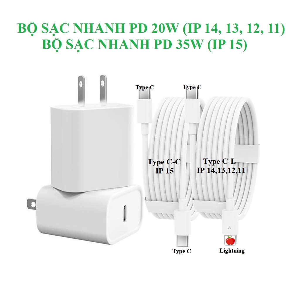 Bộ sạc nhanh pd - 35w dành cho ip 15 type - c to type - c, bộ sạc nhanh pd - 20w dành cho ip 14,13,12,11 type - c to lightnning