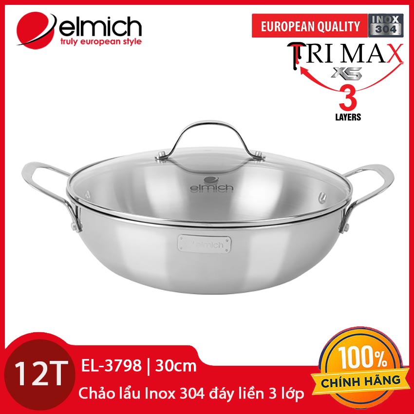 Chảo lẩu Inox 304 cao cấp 3 lớp đáy liền Elmich Tri-Max EL-3798 đường kính 30cm kèm vung kính - Hàng chính hãng, bảo hành 12 tháng