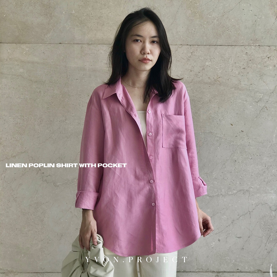 Áo sơmi vải lanh (có túi) - Màu hồng baby