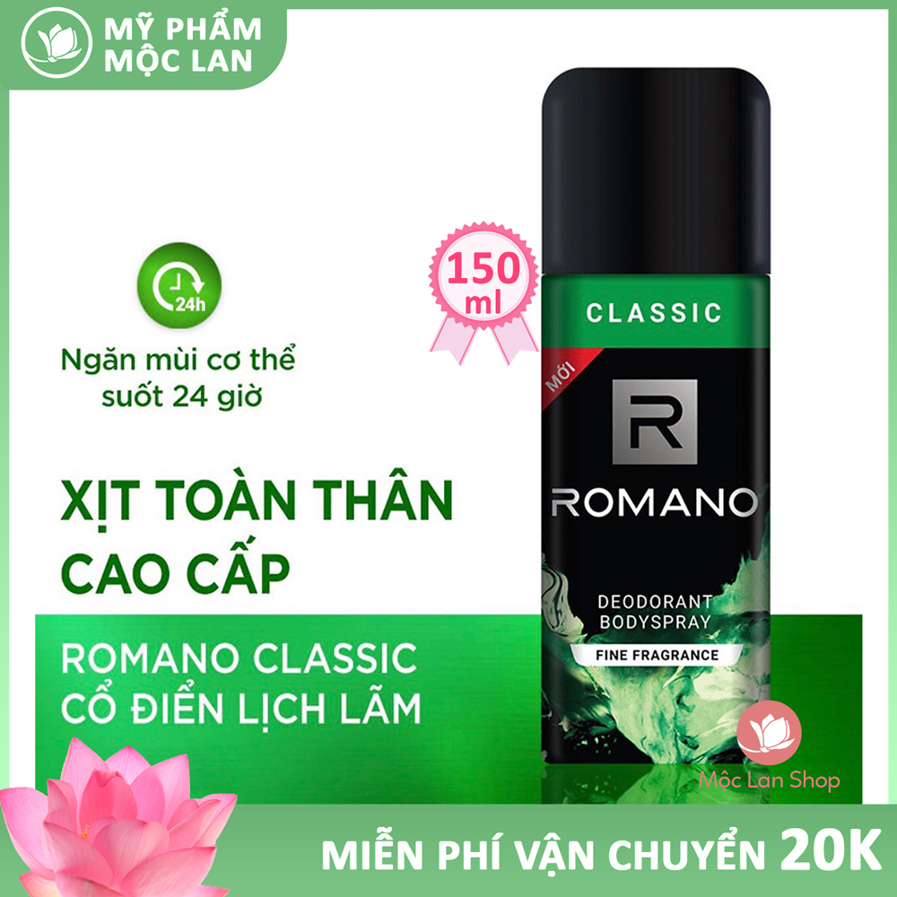 Xịt thơm body cho nam Romano, xịt khử mùi toàn thân hương nam tính lịch lãm 150ml tặng thêm 45ml – Mỹ phẩm Mộc Lan.