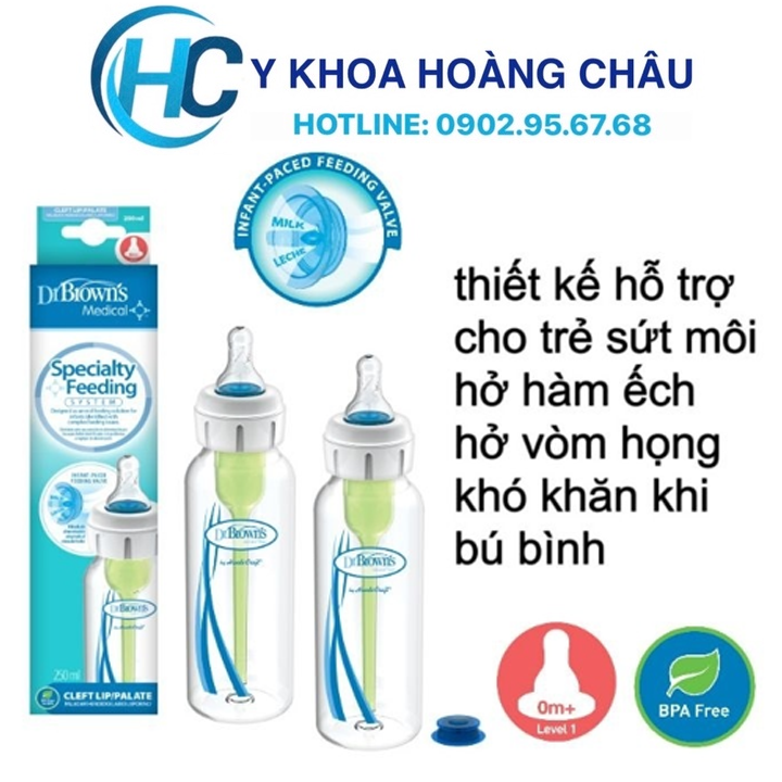Bình sữa Y Tế Dr Brown dành cho trẻ sứt môi, hở hàm ếch, cổ thường, 250ml và 120ml
