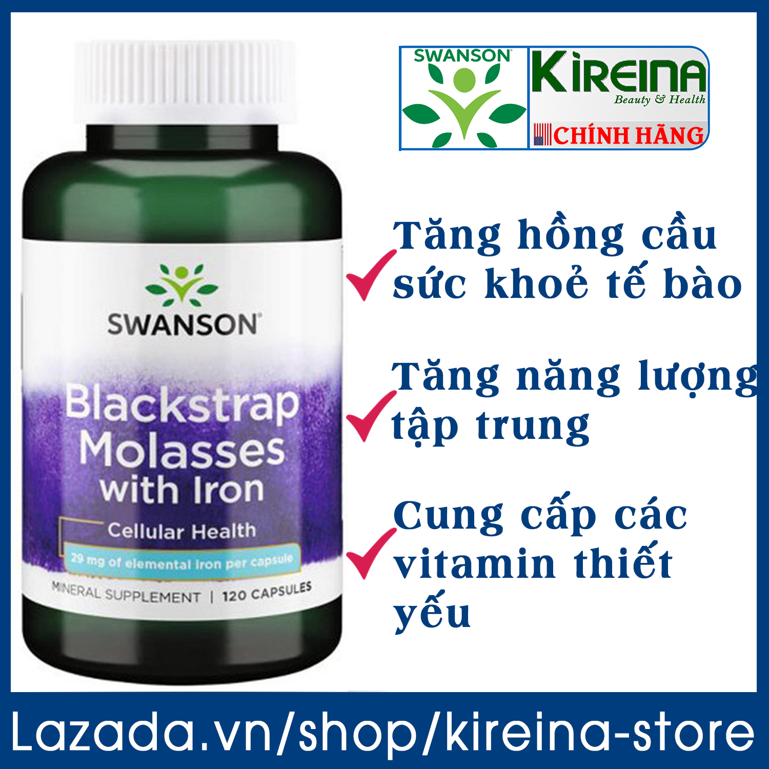 Viên uống vitamin Swanson Iron 29 mg với mật đường Blackstrap Molasses