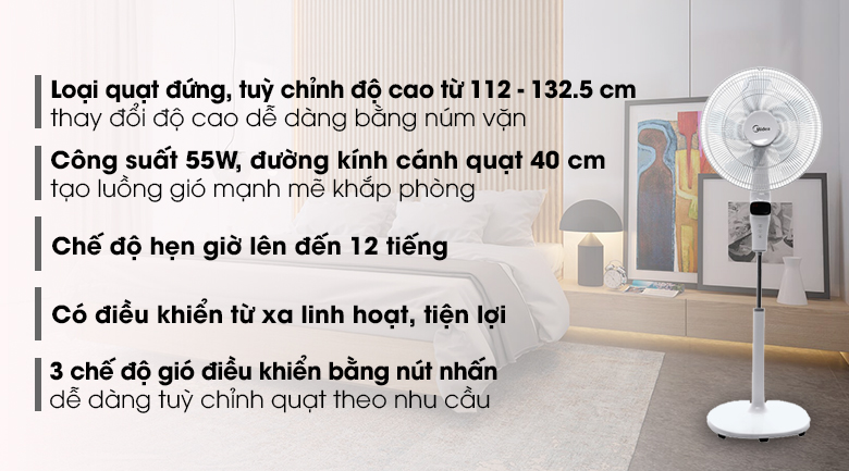Quạt cây đứng midea fs40-15dr điều khiển từ xa
