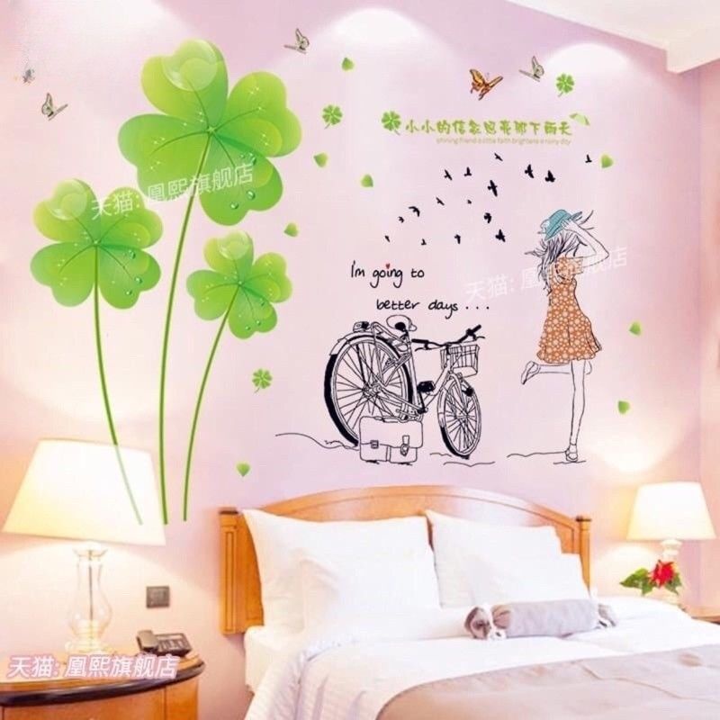 Decal dán tường cỏ bốn lá và cô gái xe đạp